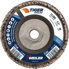 Weiler - 40 Grit, 4-1/2" Disc Diam, 5/8-11 Center Hole, Type 27 Zirconia Alumina Flap Disc - 13,000 Max RPM, Phenolic Backing, Arbor Attaching System, Coated - Eagle Tool & Supply