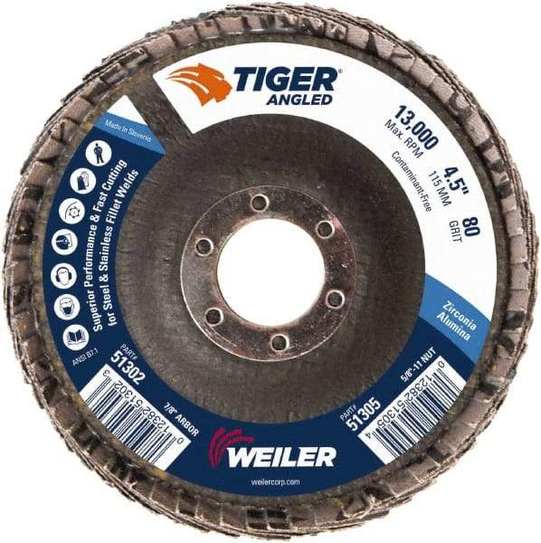 Weiler - 80 Grit, 4-1/2" Disc Diam, 7/8" Center Hole, Type 27 Zirconia Alumina Flap Disc - 13,000 Max RPM, Phenolic Backing, Arbor Attaching System, Coated - Eagle Tool & Supply