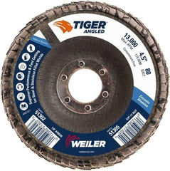 Weiler - 80 Grit, 4-1/2" Disc Diam, 7/8" Center Hole, Type 27 Zirconia Alumina Flap Disc - 13,000 Max RPM, Phenolic Backing, Arbor Attaching System, Coated - Eagle Tool & Supply