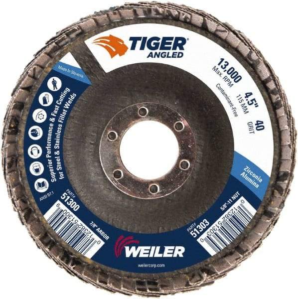 Weiler - 40 Grit, 4-1/2" Disc Diam, 7/8" Center Hole, Type 27 Zirconia Alumina Flap Disc - 13,000 Max RPM, Phenolic Backing, Arbor Attaching System, Coated - Eagle Tool & Supply