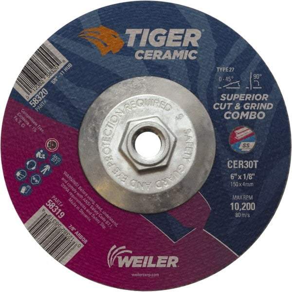 Weiler - 30 Grit, 6" Wheel Diam, Type 27 Depressed Center Wheel - Hard Grade, Ceramic, T Hardness, 10,200 Max RPM - Eagle Tool & Supply