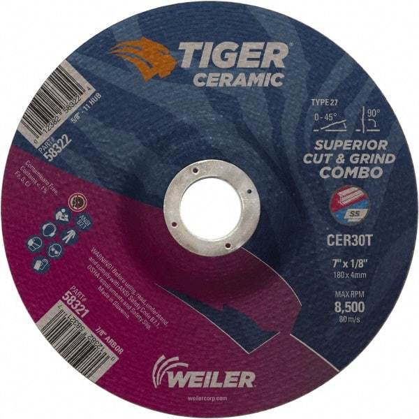 Weiler - 30 Grit, 7" Wheel Diam, 7/8" Arbor Hole, Type 27 Depressed Center Wheel - Hard Grade, Ceramic, T Hardness, 8,500 Max RPM - Eagle Tool & Supply