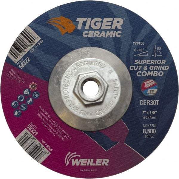 Weiler - 30 Grit, 7" Wheel Diam, Type 27 Depressed Center Wheel - Hard Grade, Ceramic, T Hardness, 8,500 Max RPM - Eagle Tool & Supply