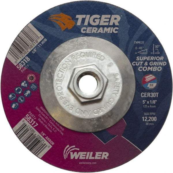 Weiler - 30 Grit, 5" Wheel Diam, Type 27 Depressed Center Wheel - Hard Grade, Ceramic, T Hardness, 12,200 Max RPM - Eagle Tool & Supply
