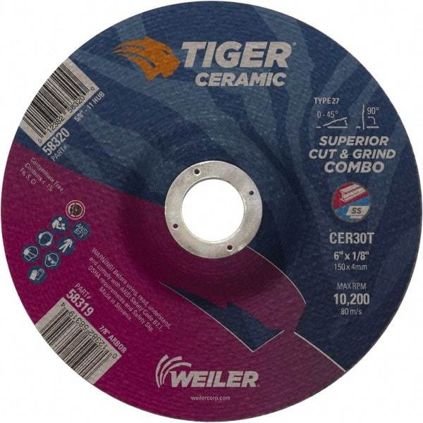 Weiler - 30 Grit, 6" Wheel Diam, 7/8" Arbor Hole, Type 27 Depressed Center Wheel - Hard Grade, Ceramic, T Hardness, 10,200 Max RPM - Eagle Tool & Supply