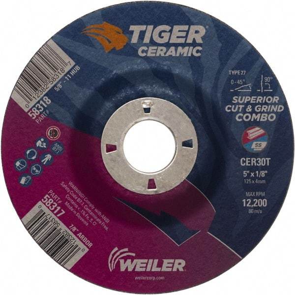 Weiler - 30 Grit, 5" Wheel Diam, 7/8" Arbor Hole, Type 27 Depressed Center Wheel - Hard Grade, Ceramic, T Hardness, 12,200 Max RPM - Eagle Tool & Supply