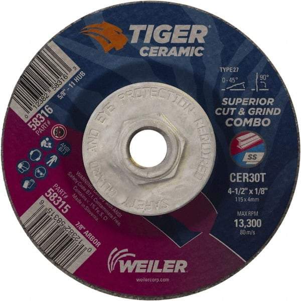 Weiler - 30 Grit, 4-1/2" Wheel Diam, Type 27 Depressed Center Wheel - Hard Grade, Ceramic, T Hardness, 13,300 Max RPM - Eagle Tool & Supply