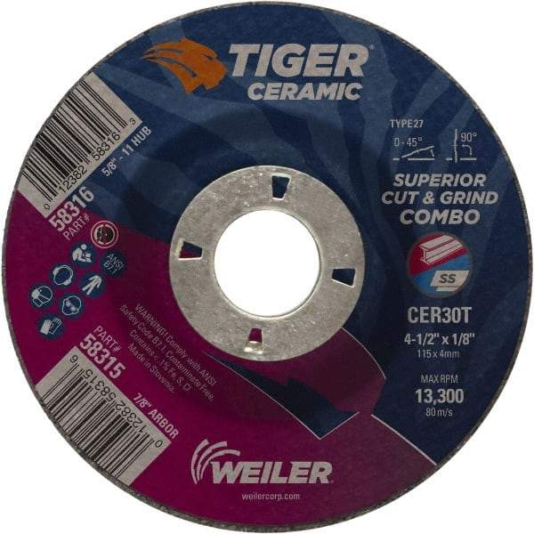 Weiler - 30 Grit, 4-1/2" Wheel Diam, 7/8" Arbor Hole, Type 27 Depressed Center Wheel - Hard Grade, Ceramic, T Hardness, 13,300 Max RPM - Eagle Tool & Supply
