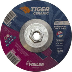Weiler - 60 Grit, 6" Wheel Diam, Type 27 Depressed Center Wheel - Medium Grade, Ceramic, S Hardness, 10,200 Max RPM - Eagle Tool & Supply