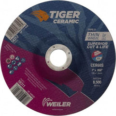 Weiler - 60 Grit, 7" Wheel Diam, 7/8" Arbor Hole, Type 27 Depressed Center Wheel - Medium Grade, Ceramic, S Hardness, 8,500 Max RPM - Eagle Tool & Supply
