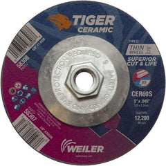 Weiler - 60 Grit, 5" Wheel Diam, Type 27 Depressed Center Wheel - Medium Grade, Ceramic, S Hardness, 12,200 Max RPM - Eagle Tool & Supply