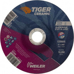Weiler - 60 Grit, 6" Wheel Diam, 7/8" Arbor Hole, Type 27 Depressed Center Wheel - Medium Grade, Ceramic, S Hardness, 10,200 Max RPM - Eagle Tool & Supply