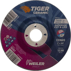Weiler - 60 Grit, 5" Wheel Diam, 7/8" Arbor Hole, Type 27 Depressed Center Wheel - Medium Grade, Ceramic, S Hardness, 12,200 Max RPM - Eagle Tool & Supply