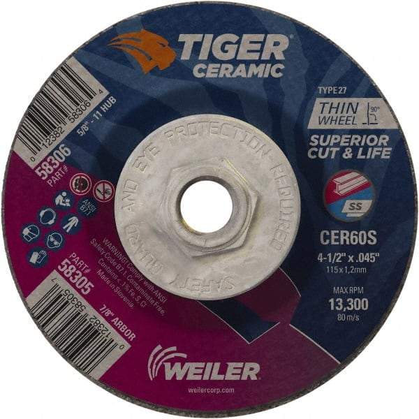 Weiler - 60 Grit, 4-1/2" Wheel Diam, Type 27 Depressed Center Wheel - Medium Grade, Ceramic, S Hardness, 13,300 Max RPM - Eagle Tool & Supply