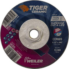 Weiler - 60 Grit, 4-1/2" Wheel Diam, Type 27 Depressed Center Wheel - Medium Grade, Ceramic, S Hardness, 13,300 Max RPM - Eagle Tool & Supply