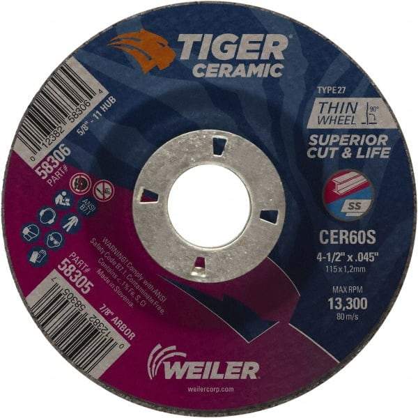 Weiler - 60 Grit, 4-1/2" Wheel Diam, 7/8" Arbor Hole, Type 27 Depressed Center Wheel - Medium Grade, Ceramic, S Hardness, 13,300 Max RPM - Eagle Tool & Supply