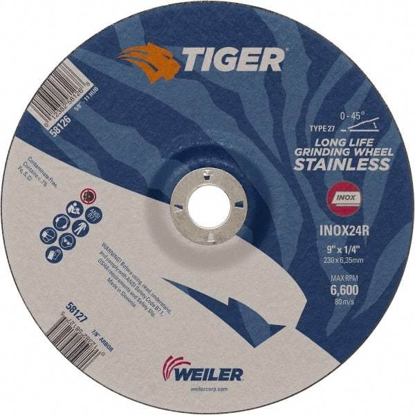 Weiler - 24 Grit, 9" Wheel Diam, 7/8" Arbor Hole, Type 27 Depressed Center Wheel - Medium Grade, Aluminum Oxide, R Hardness, 6,600 Max RPM - Eagle Tool & Supply