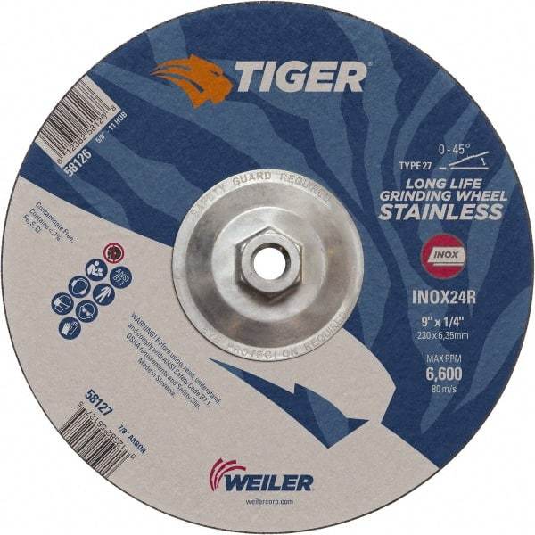 Weiler - 24 Grit, 9" Wheel Diam, Type 27 Depressed Center Wheel - Medium Grade, Aluminum Oxide, R Hardness, 6,600 Max RPM - Eagle Tool & Supply