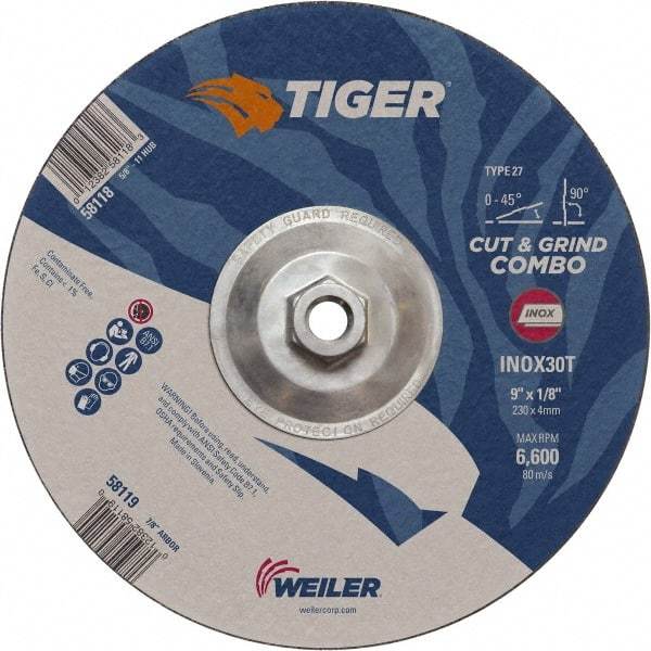 Weiler - 30 Grit, 9" Wheel Diam, Type 27 Depressed Center Wheel - Hard Grade, Aluminum Oxide, T Hardness, 6,600 Max RPM - Eagle Tool & Supply
