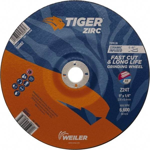 Weiler - 24 Grit, 9" Wheel Diam, 7/8" Arbor Hole, Type 28 Depressed Center Wheel - Hard Grade, Zirconia Alumina, T Hardness, 6,600 Max RPM - Eagle Tool & Supply