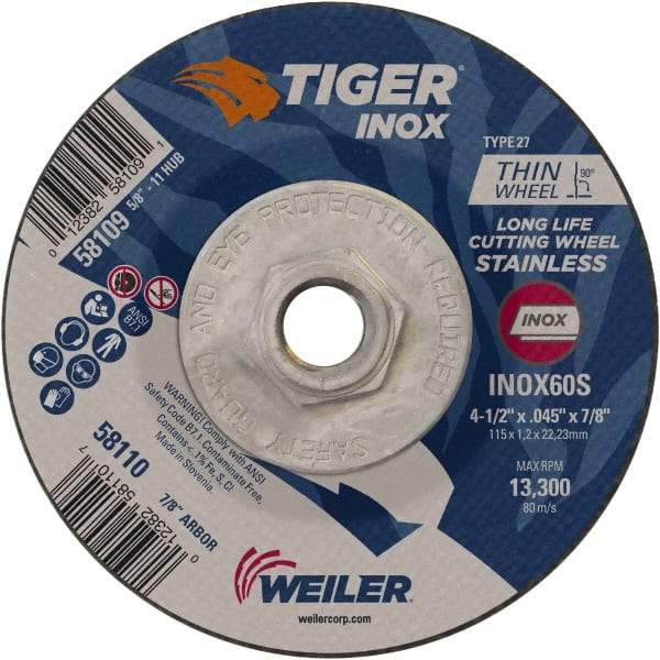 Weiler - 60 Grit, 4-1/2" Wheel Diam, Type 27 Depressed Center Wheel - Medium Grade, Aluminum Oxide, S Hardness, 13,300 Max RPM - Eagle Tool & Supply