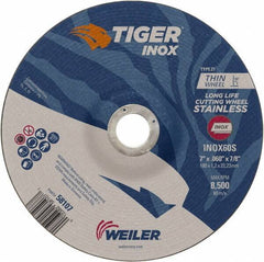 Weiler - 60 Grit, 7" Wheel Diam, 7/8" Arbor Hole, Type 27 Depressed Center Wheel - Medium Grade, Aluminum Oxide, S Hardness, 8,500 Max RPM - Eagle Tool & Supply