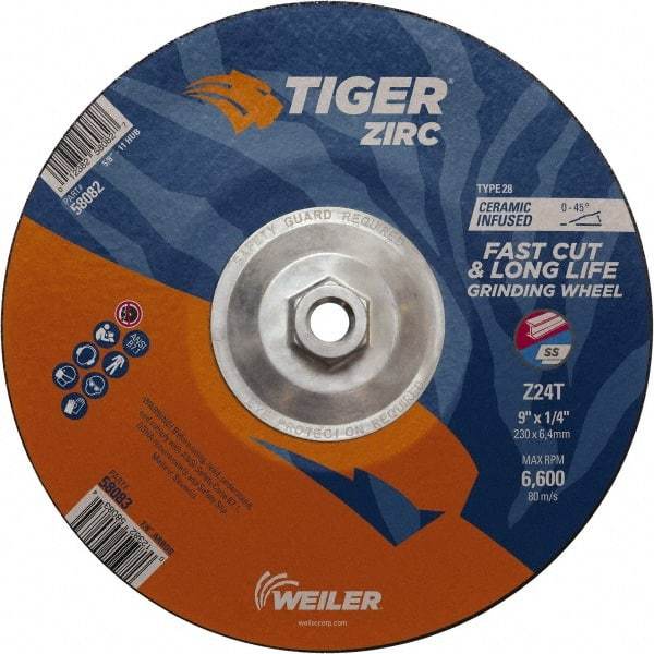 Weiler - 24 Grit, 9" Wheel Diam, Type 28 Depressed Center Wheel - Hard Grade, Zirconia Alumina, T Hardness, 6,600 Max RPM - Eagle Tool & Supply