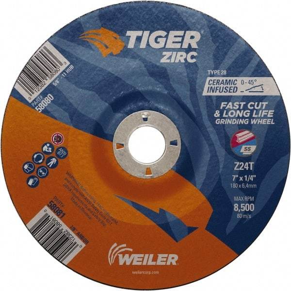 Weiler - 24 Grit, 7" Wheel Diam, 7/8" Arbor Hole, Type 28 Depressed Center Wheel - Hard Grade, Zirconia Alumina, T Hardness, 8,500 Max RPM - Eagle Tool & Supply