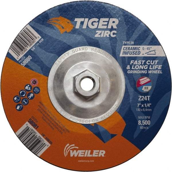 Weiler - 24 Grit, 7" Wheel Diam, Type 28 Depressed Center Wheel - Hard Grade, Zirconia Alumina, T Hardness, 8,500 Max RPM - Eagle Tool & Supply