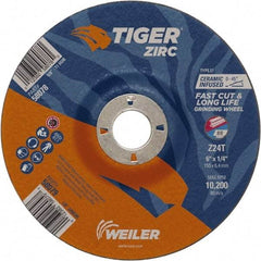Weiler - 24 Grit, 6" Wheel Diam, 7/8" Arbor Hole, Type 27 Depressed Center Wheel - Hard Grade, Zirconia Alumina, T Hardness, 10,200 Max RPM - Eagle Tool & Supply