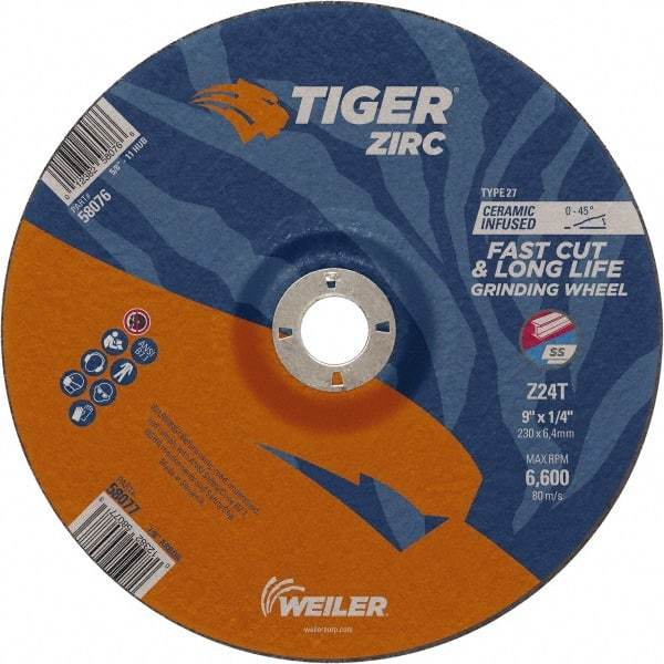 Weiler - 24 Grit, 9" Wheel Diam, 7/8" Arbor Hole, Type 27 Depressed Center Wheel - Hard Grade, Zirconia Alumina, T Hardness, 6,600 Max RPM - Eagle Tool & Supply