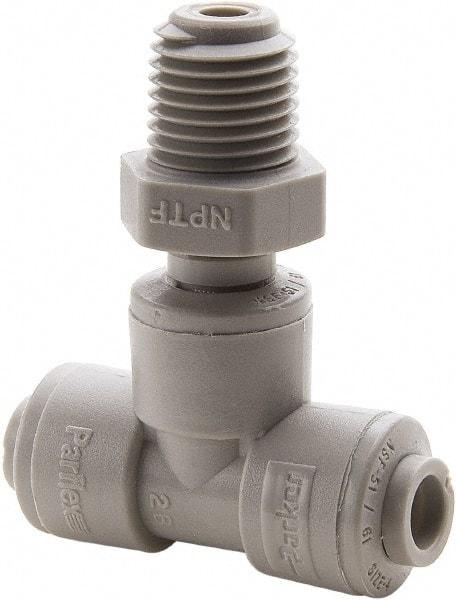 Parker - 3/8" Outside Diam, 1/8 NPTF, Acetal Push-to-Connect Tube Male Swivel Branch Tee - 300 Max psi, Gray - Eagle Tool & Supply