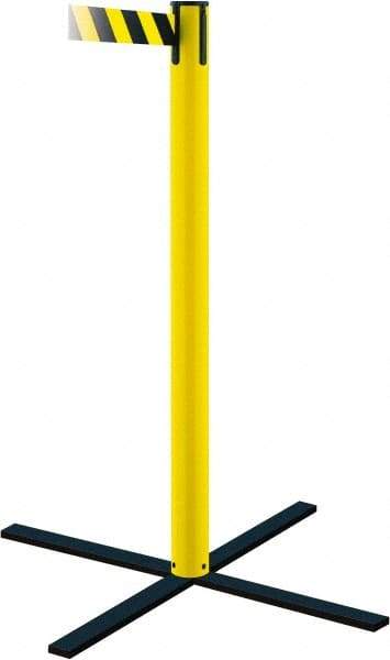Tensator - 36" High, 5" Pole Diam, Stowaway Post - 22-3/4" Base Diam, Flat Metal Base, Yellow Plastic Post, 13' x 2" Tape, Single Line Tape, For Outdoor Use - Eagle Tool & Supply