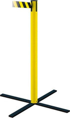 Tensator - 36" High, 5" Pole Diam, Stowaway Post - 22-3/4" Base Diam, Flat Metal Base, Yellow Plastic Post, 7-1/2' x 2" Tape, Single Line Tape, For Outdoor Use - Eagle Tool & Supply