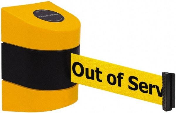 Tensator - 5" High x 3" Long x 3" Wide Barricade Tape Dispenser - Steel, Black Powdercoat Finish, Black/Yellow, Use with Tensabarrier - Eagle Tool & Supply