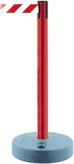 Tensator - 38" High, 2-1/2" Pole Diam, Barricade Tape Dispenser - 14" Base Diam, Round Plastic Base, Red Polymer Post, 7-1/2' x 1-7/8" Tape, Single Line Tape, For Outdoor Use - Eagle Tool & Supply