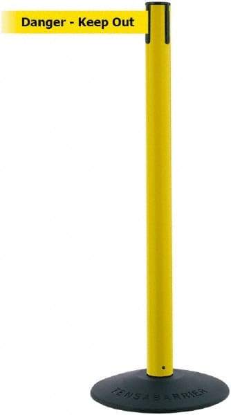 Tensator - 38" High, 2-1/2" Pole Diam, Barricade Tape Dispenser - 14" Base Diam, Round Stainless Steel Base, Black Polymer Post, 7-1/2' x 1-7/8" Tape, Single Line Tape, For Outdoor Use - Eagle Tool & Supply