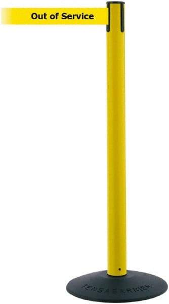 Tensator - 38" High, 2-1/2" Pole Diam, Barricade Tape Dispenser - 14" Base Diam, Round Stainless Steel Base, Black Polymer Post, 7-1/2' x 1-7/8" Tape, Single Line Tape, For Outdoor Use - Eagle Tool & Supply