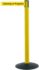 Tensator - 38" High, 2-1/2" Pole Diam, Barricade Tape Dispenser - 14" Base Diam, Round Stainless Steel Base, Black Polymer Post, 7-1/2' x 1-7/8" Tape, Single Line Tape, For Outdoor Use - Eagle Tool & Supply