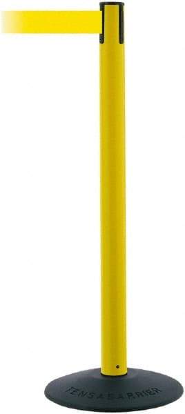 Tensator - 38" High, 2-1/2" Pole Diam, Barricade Tape Dispenser - 14" Base Diam, Round Stainless Steel Base, Black Polymer Post, 7-1/2' x 1-7/8" Tape, Single Line Tape, For Outdoor Use - Eagle Tool & Supply