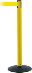 Tensator - 38" High, 2-1/2" Pole Diam, Barricade Tape Dispenser - 14" Base Diam, Round Stainless Steel Base, Black Polymer Post, 7-1/2' x 1-7/8" Tape, Single Line Tape, For Outdoor Use - Eagle Tool & Supply