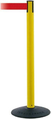 Tensator - 38" High, 2-1/2" Pole Diam, Barricade Tape Dispenser - 14" Base Diam, Round Stainless Steel Base, Black Polymer Post, 7-1/2' x 1-7/8" Tape, Single Line Tape, For Outdoor Use - Eagle Tool & Supply