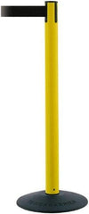 Tensator - 38" High, 2-1/2" Pole Diam, Barricade Tape Dispenser - 14" Base Diam, Round Stainless Steel Base, Yellow Polymer Post, 7-1/2' x 1-7/8" Tape, Single Line Tape, For Outdoor Use - Eagle Tool & Supply