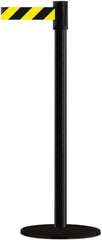 Tensator - 38" High, 2" Pole Diam, Barricade Tape Dispenser - 14" Base Diam, Round Plastic Base, Black Steel Post, 7-1/2' x 1-7/8" Tape, Single Line Tape, For Outdoor Use - Eagle Tool & Supply