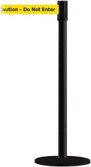 Tensator - 38" High, 2" Pole Diam, Barricade Tape Dispenser - 14" Base Diam, Round Plastic Base, Black Steel Post, 7-1/2' x 1-7/8" Tape, Single Line Tape, For Outdoor Use - Eagle Tool & Supply