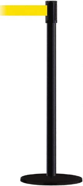 Tensator - 38" High, 2" Pole Diam, Barricade Tape Dispenser - 14" Base Diam, Round Plastic Base, Black Steel Post, 7-1/2' x 1-7/8" Tape, Single Line Tape, For Outdoor Use - Eagle Tool & Supply