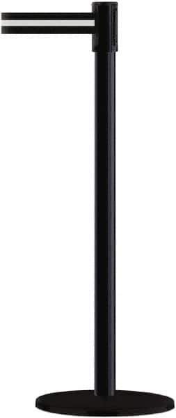 Tensator - 38" High, 2" Pole Diam, Barricade Tape Dispenser - 14" Base Diam, Round Plastic Base, Black Steel Post, 7-1/2' x 1-7/8" Tape, Single Line Tape, For Outdoor Use - Eagle Tool & Supply