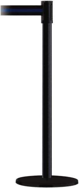 Tensator - 38" High, 2" Pole Diam, Barricade Tape Dispenser - 14" Base Diam, Round Plastic Base, Black Steel Post, 7-1/2' x 1-7/8" Tape, Single Line Tape, For Outdoor Use - Eagle Tool & Supply