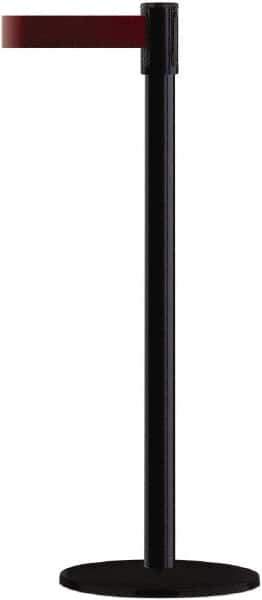 Tensator - 38" High, 2" Pole Diam, Barricade Tape Dispenser - 14" Base Diam, Round Plastic Base, Black Steel Post, 7-1/2' x 1-7/8" Tape, Single Line Tape, For Outdoor Use - Eagle Tool & Supply
