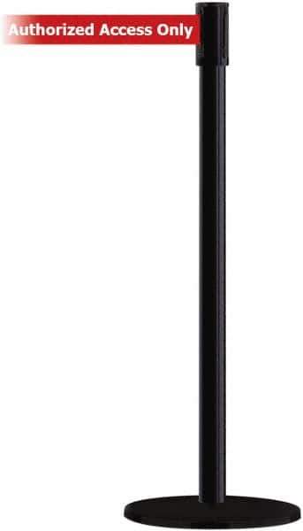 Tensator - 38" High, 2" Pole Diam, Barricade Tape Dispenser - 14" Base Diam, Round Plastic Base, Black Steel Post, 7-1/2' x 1-7/8" Tape, Single Line Tape, For Outdoor Use - Eagle Tool & Supply